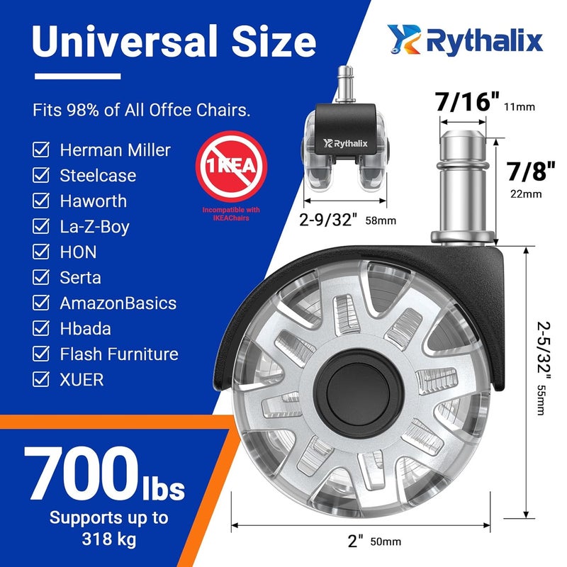 Rythalix 2" Office Chair Wheels Set of 5 - Desk Chair Caster Wheels, Smooth & Quiet, Universal Fit for Most Office/Desk/Gaming Chairs, Safe on Hardwood Floors - Image 2